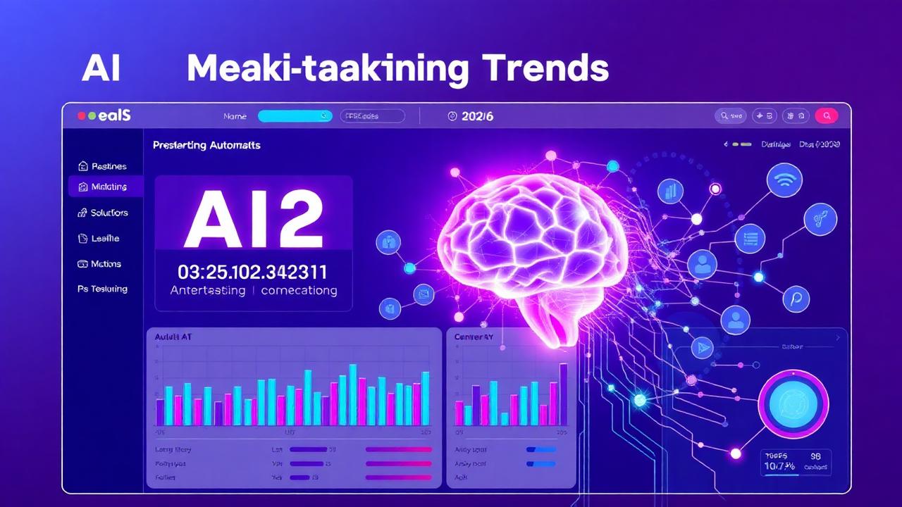 AI marketing trends 2026 dashboard with neural network and automation icons